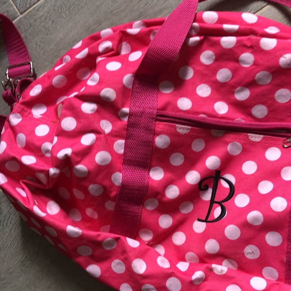 Pink and white polka dot “B” duffle bag with strap and front zipper small pocket - Picture 8 of 16